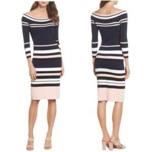 Eliza J Navy and Pink Striped Long Sleeve Dress